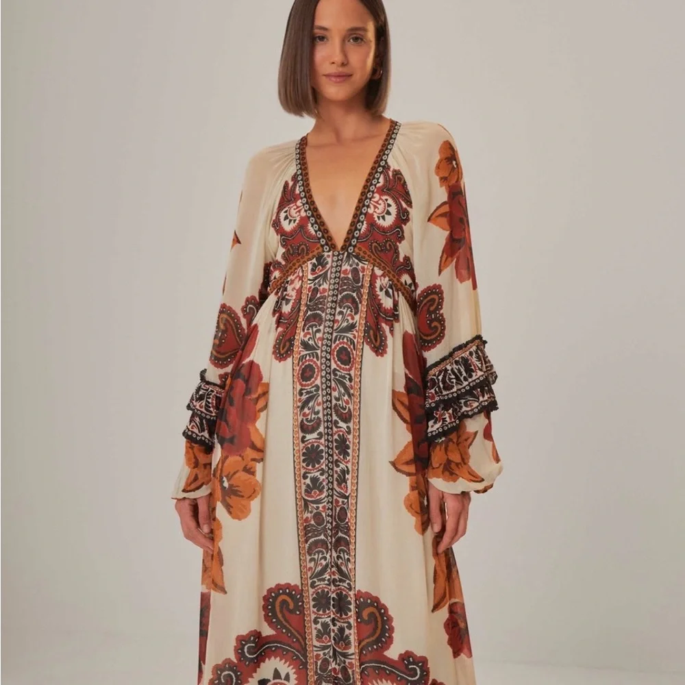 FARM Rio Cream Maxi Dress with Rust and Brown Floral Print - Picture 2 of 4